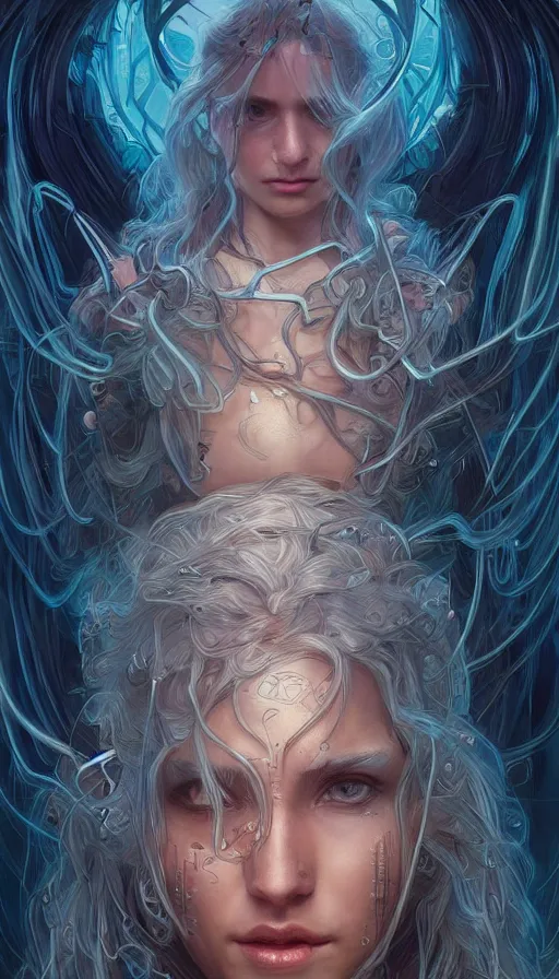 Image similar to string character, furious gorgeous woman, lord of the rings, cyberpunk, neon, fibonacci, sweat drops, insane, intricate, highly detailed, digital painting, artstation, concept art, smooth, sharp focus, illustration, Unreal Engine 5, 8K, art by artgerm and greg rutkowski and alphonse mucha