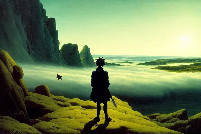 Prompt: anime key visual of wanderer above the sea of fog by caspar david friedrich 1 8 1 8, in the style of jamie wyeth james gilleard edward hopper greg rutkowski acrylic painting, oil on canvas, preserved museum piece, historical