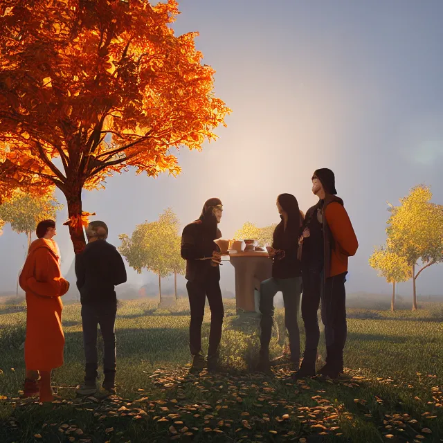 Image similar to pumpkin headed people ordering coffee at a coffee stand, maple trees with fall foliage, volumetric, realistic, cinematic lighting, ray tracing, unreal engine 5, octane render, hyper realistic, photo, 8 k