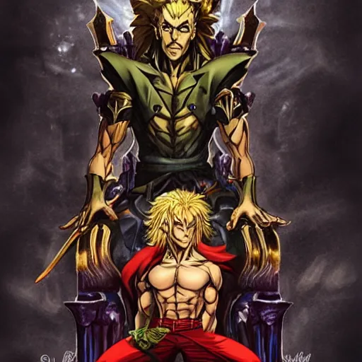 Image similar to dio from jojo's bizarre adventure sitting on a throne, matte art by ross tran, dim lighting