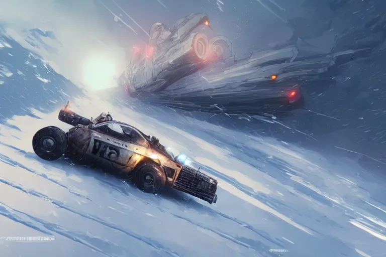 Image similar to dieselpunk digital illustration of mad max mclaren f 1 speeding across a frozen lake in a blizzard by makoto shinkai, ilya kuvshinov, lois van baarle, rossdraws, basquiat