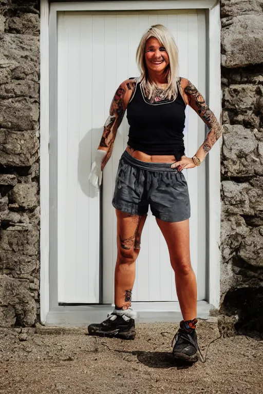 Image similar to photographic portrait of a blonde woman, 40 years old, brown sun tanned skin, tattoos down left arm and back, wearing a charcoal vest top, white shorts and hiking boots, stood in sunshine in front of a door