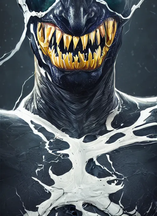 Image similar to messi as venom, naturel, hyper detailed, digital art, trending in artstation, cinematic lighting, studio quality, smooth render, unreal engine 5 rendered, octane rendered, art style by klimt and nixeu and ian sprigger and wlop and krenz cushart