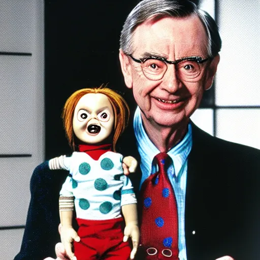 Image similar to Chucky the killer doll being held by Mr. Rogers