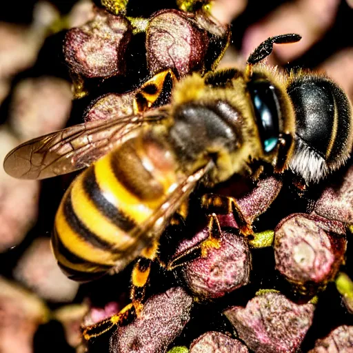 Prompt: macro photography of a queen bee and her colony