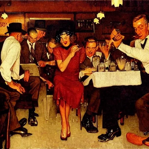 Prompt: 1 9 3 0 s chicago speakeasy, painting by norman rockwell