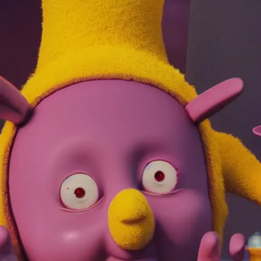 Image similar to Teletubbies eating worms and blood, highly detailed, sharp focus, octane render