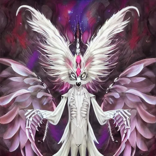 Prompt: painting of a skeletal kitsune, long white fox ears, mage clothes inspired by a demonic peacock, 9 brilliant peacock tails that shimmer like crow feathers, painted by a master artist, sparkles, pink cloud background, dnd beyond, fae, photo realistic, renaissance