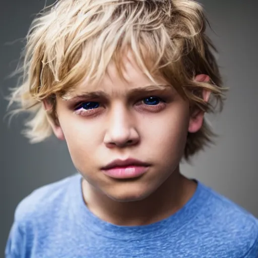 Image similar to a closeup portrait of a boy with blonde hair and brown eyes. Extremely clear and high quality eyes with reflection, realistic face and details, clear lips and high quality, real photo