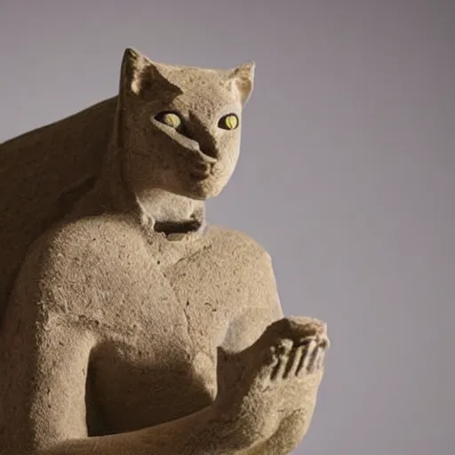 Image similar to close - up museum photo of an ancient limestone statue of a slim walking cat, with letter ה on its head, clay, egypt's, studio lighting, professional, promo,