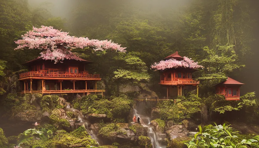 Prompt: a Wes Anderson 35mm film still of a very surreal magical Indian castle style cabin with a bookstore cafe behind a lush waterfall, falling cherry blossoms pedals, in the style of Gucci and Wes Anderson glowing lights and floating lanterns, foggy atmosphere, rainy, moody, muted colors, magic details, very detailed, 8k, cinematic look, octane render, psychedelic,