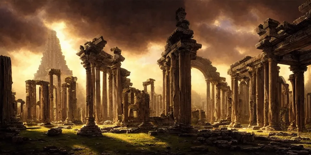 Prompt: beautiful hyperrealistic spectacular painting of the mysterious intricate ruins of the mysterious ancient temple, an advanced technology timemachine with a green - glowing - crystal from the future is inside the temple, by hubert robert and lee madwick and bastien lecouffe - deharme, dramatic sunset lighting, advanced technology