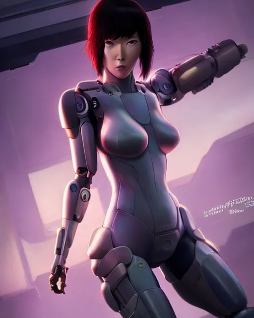 Image similar to weta disney pixar movie still portrait photo of motoko kusanagi the major ghost in the shell as cyborg woman by pixar, by weta, wlop, ilya kuvshinov, rossdraws, artgerm, maxim cover, latex, sweaty, iridescent, bright morning, anime, liosh, mucha