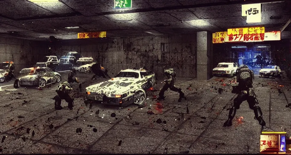 Image similar to 1988 Video Game Screenshot of Neo-tokyo Cyborg bank robbers vs police, Set inside of Parking Garage, Dark, Multiplayer set-piece Ambush, Tactical Squads :10, Police officers under heavy fire, Suppressive fire, Pinned down, Destructible Environments, Gunshots, Headshot, Bullet Holes and Anime Blood Splatter, :10 Gas Grenades, Riot Shields, MP5, AK45, MP7, P90, Chaos, Anime Machine Gun Fire, Gunplay, Shootout, :14 FLCL + Jet Grind Radio, Cel-Shaded:17, Created by Katsuhiro Otomo + Hideo Kojima + Arc System Works: 20