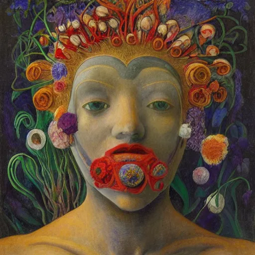 Image similar to facemask made of flowers, by annie swynnerton and jean delville and rufino tamayo and edward hopper and evelyn de morgan, art deco flower shaman, art brut, outsider art, symbolist, dramatic lighting, god rays, elaborate geometric ornament, clean crisp graphics, smooth sharp focus, extremely detailed, adolf wolfli