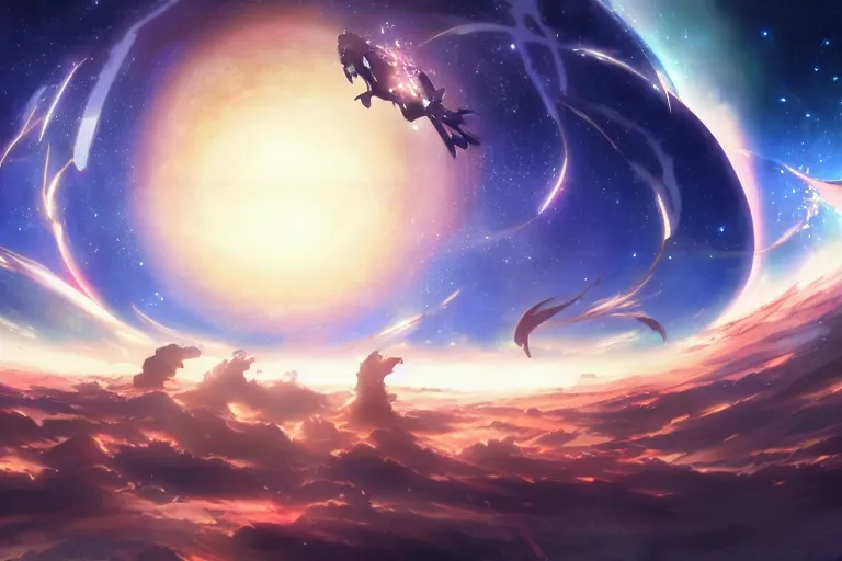 Image similar to tonemapped anime character!!! splitting a gas giant in half like parting the red sea, with pack of space whales fly through an interdimensional rift! in background by ( hiromu arakawa ), makoto shinkai and ( cain kuga )