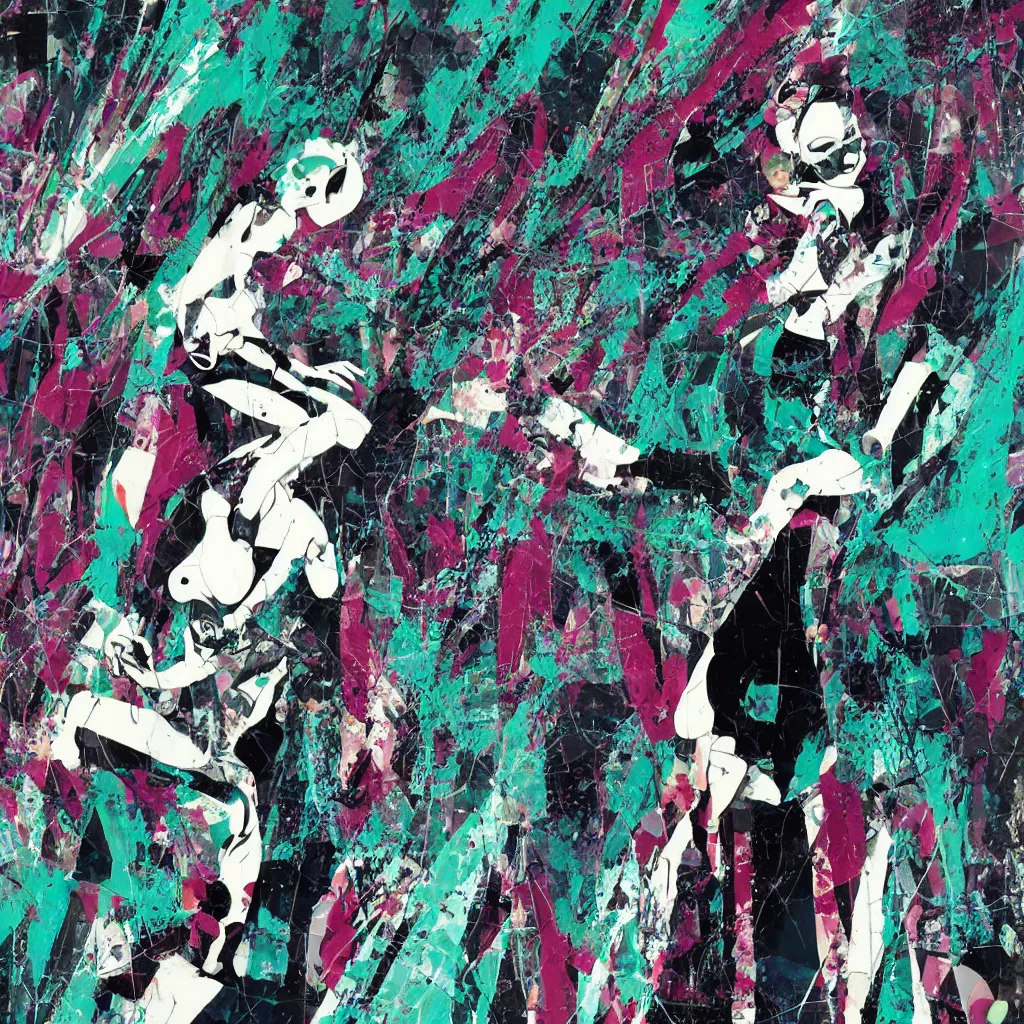 Image similar to girl figure, abstract, jet set radio artwork, ryuta ueda artwork, cryptic, rips, spots, asymmetry, stipple, lines, glitches, color tearing, pitch bending, stripes, dark, ominous, eerie, hearts, minimal, points, otomo katsuhiro artwork, technical, natsumi mukai artwrok, folds