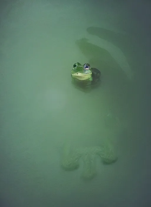 Image similar to “semitranslucent smiling frog amphibian vertically hovering over misty lake waters, frog in Jesus Christ pose, low angle, long cinematic shot by Andrei Tarkovsky, paranormal, eerie, mystical”