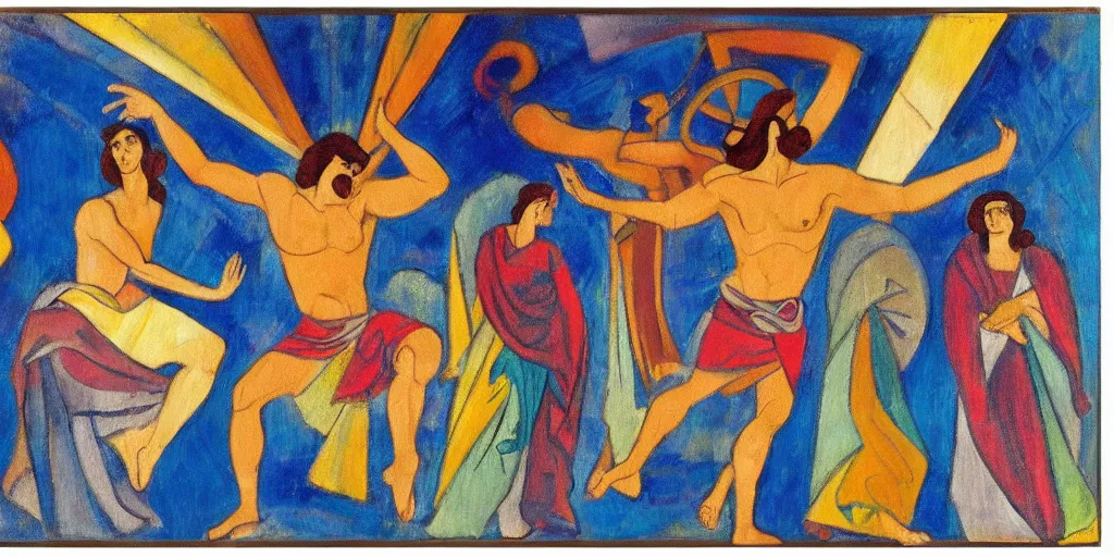 Image similar to an abstract spiritual background, a latino greek god dancing mindlessly, clear eyes. 2 4 mm, photorealistic, muted color scheme, directed by albert gleizes