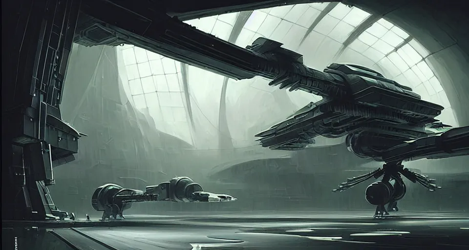 Image similar to hyper realistic sci - fi matte concept art painting of a giant spiderbot in a starship hanger, beautiful details, strong composition painted by kim jung guweta studio rutkowski, james gurney and greg rutkowski, and lucasfilm, smooth, intricate, detailed, sharp focus, cinematic