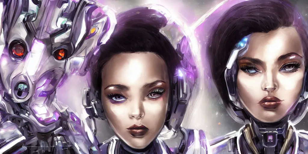 Prompt: Beautiful Female Mecha portrait faces, African, Asian, Middle Eastern, Mexican, with black irises and a white outer glow, In the style of Josh Nizzi, cybernetic, Mecha