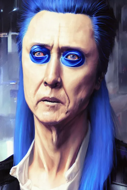 Image similar to a cyberpunk christopher walken with blue hair, masterpiece painting by artgerm and greg rutkowski and caravaggio