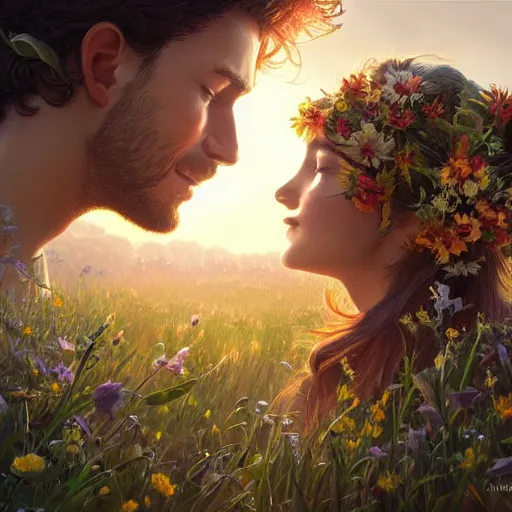 Image similar to a young couple hugging each other in a flower field at sundown, D&D, fantasy, intricate, elegant, highly detailed, digital painting, artstation, concept art, matte, sharp focus, illustration, hearthstone, art by Artgerm and Greg Rutkowski and Alphonse Mucha