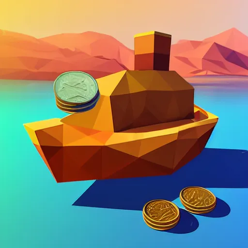 Image similar to boat in the dessert filled with coin and jewl collectables, game concept, low poly, horizontal view perspective