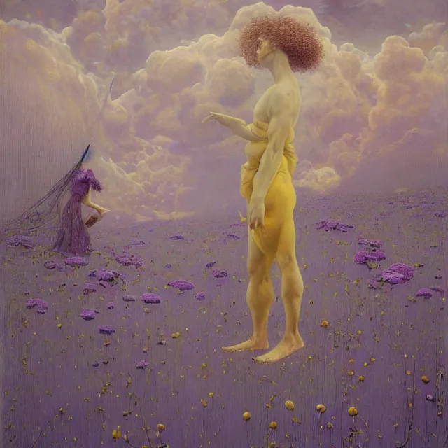 Prompt: A portrait of a woman wearing clothes made out of thunder clouds and flowers, silhouettes of people floating in the air in the background, apocalypse, yellow skin, Masterpiece, glowing, wires everywhere, by Edgar Maxence and Ross Tran, Zdzisław Beksiński, and Michael Whelan, distant, gustav dore, H.R. Giger, 8k, octane render