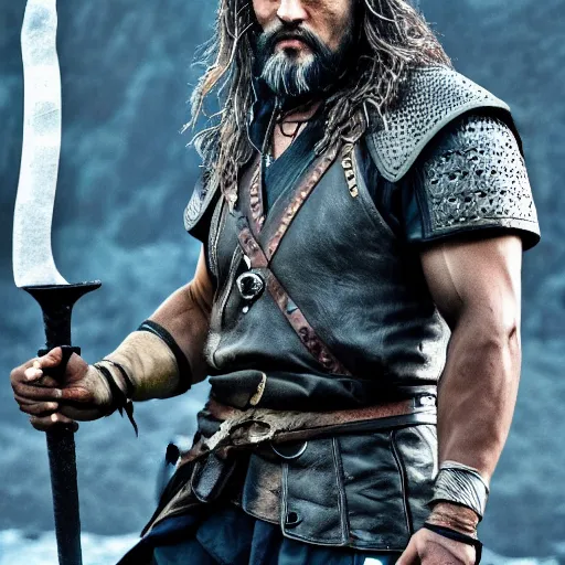 Image similar to Jason Momoa as Geralt of Rivia, from Witcher (2021), medium shot, high-quality photo,