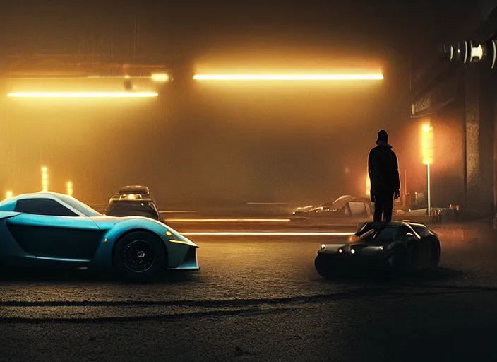 Prompt: Bladerunner 2049 scene of man tuning his sports car in garage dark atmospheric volumetric lighting moody dark cinematic Roger Deakins Cinematography futuristic cyberpunk car GT40 Le Mans GTR R35 Viper RX-8 S14 Lan Evo X ikuo maeda Newton Thomas Sigel