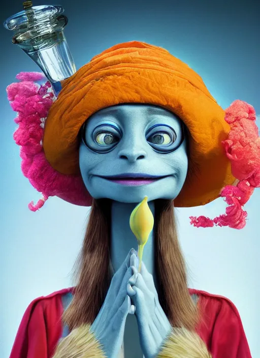 Prompt: an anthropomorphic beautiful female scientist portrait blowing a bong wearing colourful robe, fine art, wizard hat, award winning, intricate, elegant, sharp focus, octane render, hyperrealistic, wizard hat cinematic lighting, highly detailed, digital painting, 8 k concept art, art by jamie hewlett and z. w. gu, masterpiece, trending on artstation, 8 k