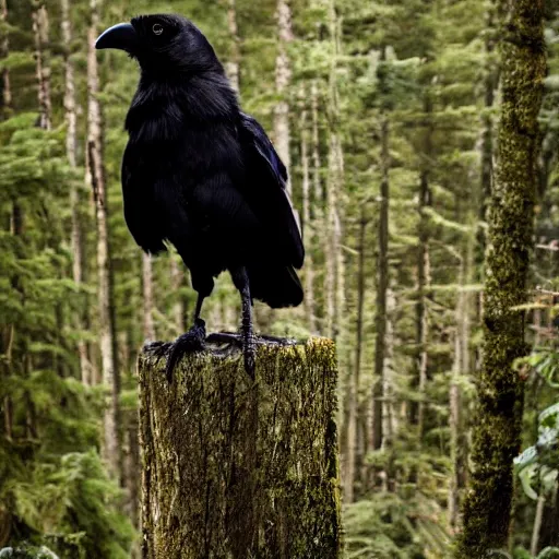 Image similar to anthropomorphic crow standing upright, photograph captured in a forest