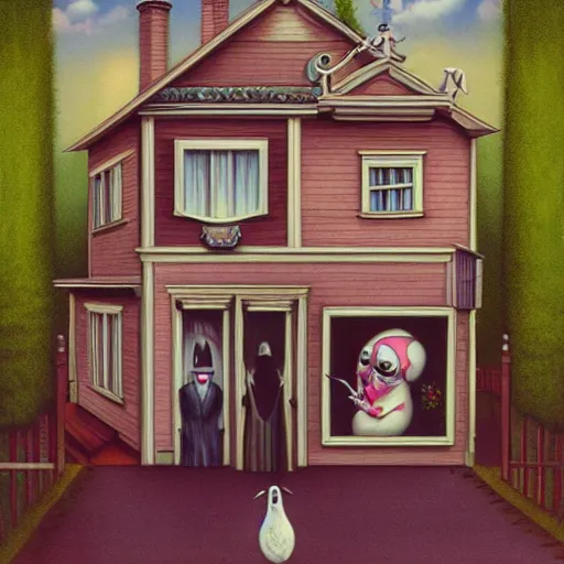 Image similar to anamorphic birds walking past a house, lowbrow surrealistic, in the style of Mark Ryden,