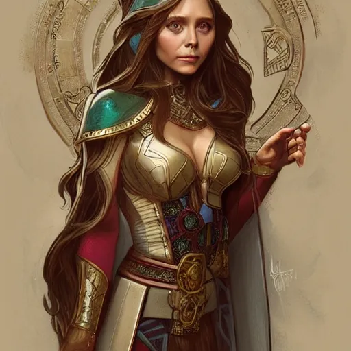 Image similar to Elizabeth Olsen as a elf archer, cute, fantasy, intricate, elegant, highly detailed, centered, digital painting, artstation, concept art, smooth, sharp focus, illustration, art by artgerm and H R Giger and alphonse mucha