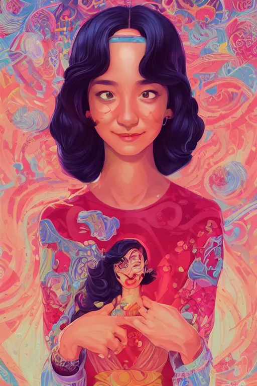 Image similar to a smiling cute woman beautiful skin and wavy hair, tristan eaton, victo ngai, artgerm, rhads, ross draws