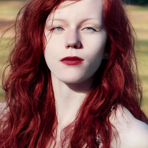 Image similar to close up portrait photograph of a thin young redhead woman with russian descent, sunbathed skin, with deep blue eyes. Wavy long maroon colored hair. she looks directly at the camera. Slightly open mouth, with a park visible in the background. 55mm nikon. Intricate. Very detailed 8k texture. Sharp. Cinematic post-processing. Award winning portrait photography. Sharp eyes.