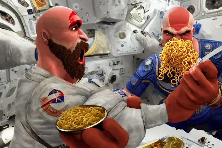 Image similar to kratos from the god of war videogame eating ramen noodles in the international space station