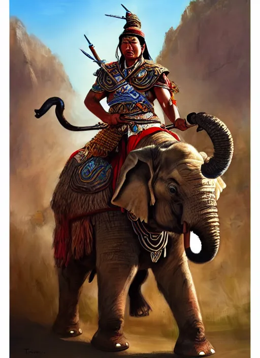 Prompt: portrait of a tai ethnic warlord rides an asian war elephant with emotional movement in the battlefield, historical, tai ethnic decoration, elegant, loin cloth, highly detailed, oil painting, artstation, concept art, matte, sharp focus, illustration, hearthstone, art by earl norem