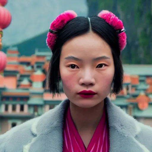 Prompt: closeup photo of a young chinese tribal woman in the style of rosie matheson in a film still of the grand budapest hotel ( 2 0 1 4 )