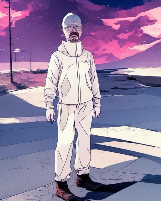 Prompt: walter white, desaturated colors, art by makoto shinkai and alan bean, yukito kishiro