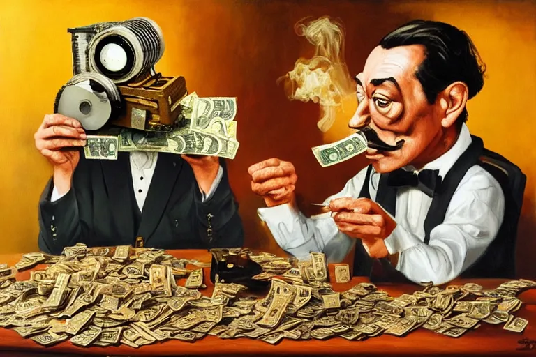 Image similar to Salvador Dali and WALL-E smoking cigars, counting money and holding keys, oil on canvas, artstation, portrait, masterpiece, aesthetic