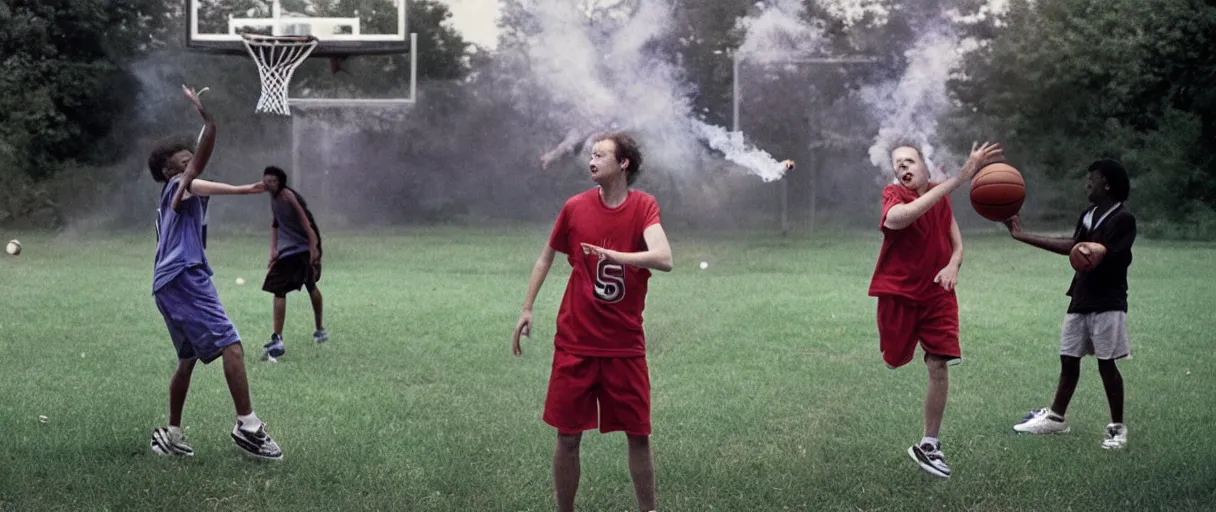 Prompt: award winning photo of todd solondz playing basketball in the hood and smoking weed, vivid colors, happy, symmetrical face, beautiful eyes, studio lighting, wide shot art by sally mann & arnold newman, francis bacon, ewa juszkiewicz, jenny saville, yayoi kusama, ai weiwei and gregory crewdson