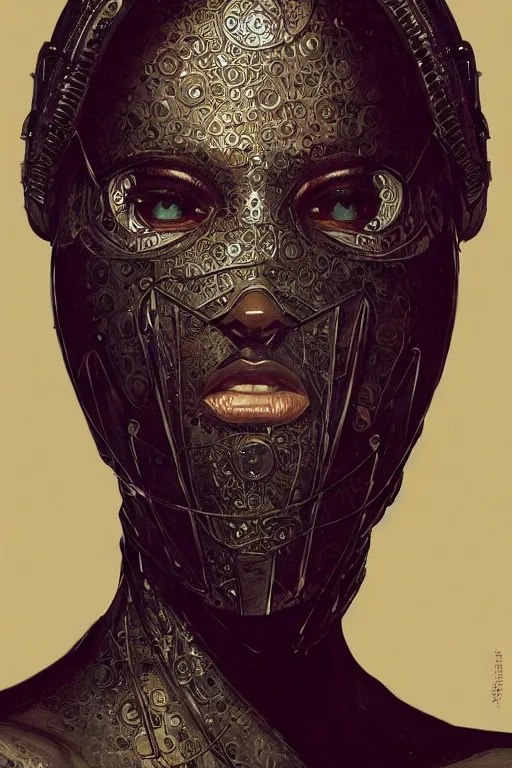 Image similar to ultra realistic illustration, black woman, yeezus margiela mask, hacknaut cyberpunk, sci - fi, fantasy, intricate, elegant, highly detailed, digital painting, artstation, concept art, smooth, sharp focus, illustration, art by artgerm and greg rutkowski and alphonse mucha