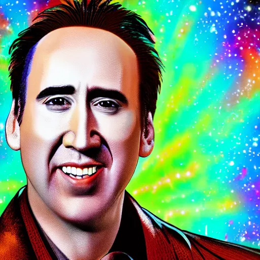 Image similar to nicholas cage very happy expression, cosmic starfield background digital art