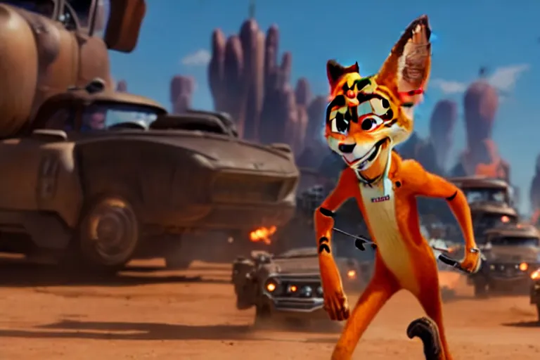 Image similar to nick wilde ( from zootopia ), heavily armed and armored facing down armageddon in a dark and gritty reboot from the makers of mad max : fury road