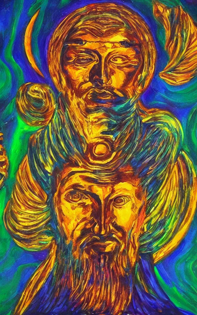 Image similar to the god of the solar mythos solar deity, award winning oil painting, iridescent colors