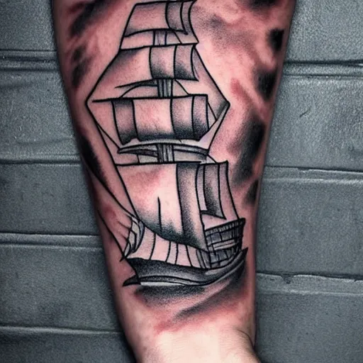 Image similar to A magical pirate ship tattoo realistic tattoo sketch on white background, hyper realistic shaded tattoo, award winning tattoo