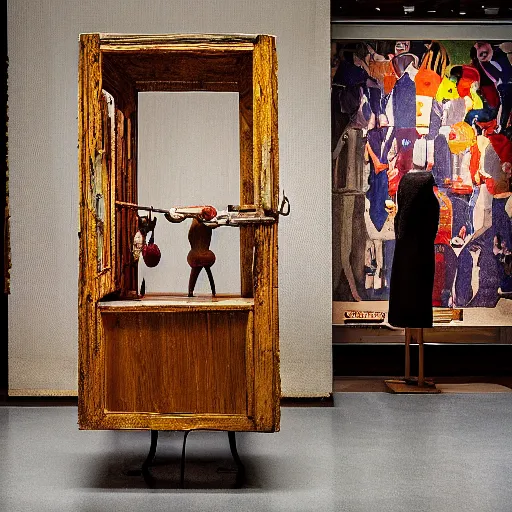 Image similar to a still out of a movie by jacques tati, ethnographic object, museum, collection, display