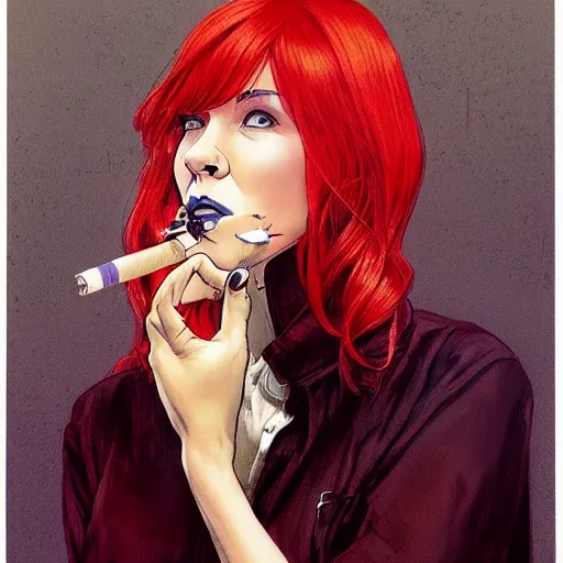 Image similar to a beautiful artwork portrait of a woman with a white shirt and red hair smoking a cigarette on a hotel balcony by Jerome Opeña, featured on artstation